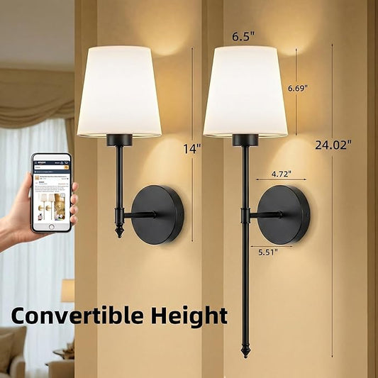 IRONPAX Wall Sconces Battery Operated Set of 2, Wireless Rechargeable Wall Sconce Set of Two, Dimmable Wall Lights with Remote for Bedroom Living Room Hallway Decor (Black, Fabric Shade)