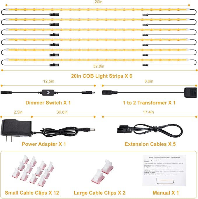 JUSJUBR Shelf Lights, 6 PCS 20 Inch Dimmable Flexible COB LED Light Strips, Warm White 3000K, LED Under Cabinet Lights for Display Case, Bookshelf, Kitchen, Wardrobe and Closet