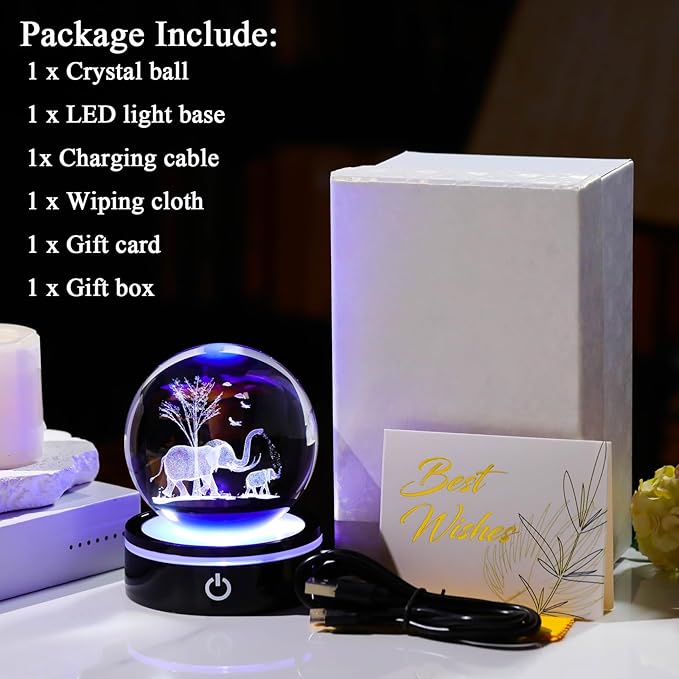 YWHL 3D Elephant Figurine Crystal Ball with Colorful Light Base, Glass Elephant Gifts for Women Mom on Birthday Christmas, Laser Engraved Elephants Statue Sphere Decor for Home Office(80mm)