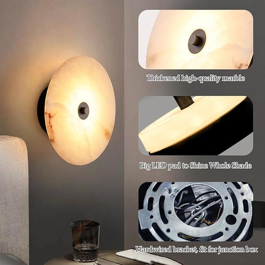 9.84 Inch Round Natural Alabaster Wall Sconce Marble Stone Light Decor for Wall, Dimmable 3CCT Hardwired Circular Sconce LED Modern Wall Lamp for Bedroom, Living Room, Bedside, Hallway (Black)
