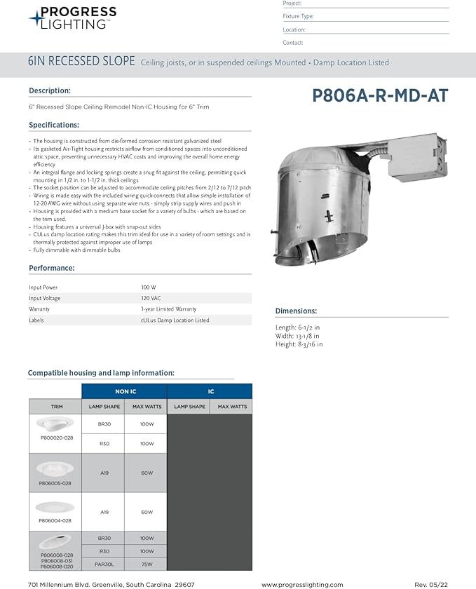Progress Lighting P806A-R-MD-AT 6" Recessed Slope Ceiling Remodel Non-IC Housing 6" Trim