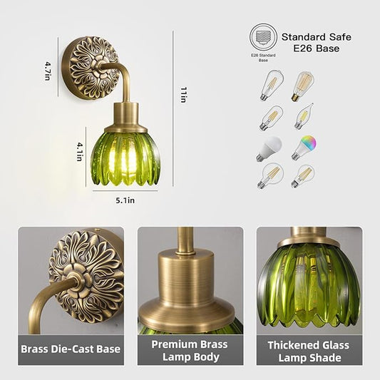 Brass Indoor Hardwired Wall Sconces Set of 2 - Glass Shade, Modern Bedside Lighting for Bedroom, Vanity & Living Room
