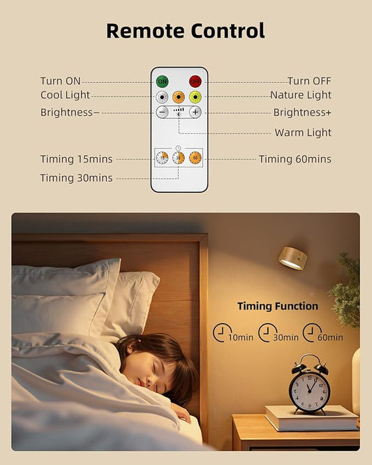 LED Wall Mounted Lights, Rechargeable Wall Sconces Lamp, 3 Color Temps & Remote and Touch, 360°Rotation Dimmable Cordless Wall Light for Study Bedroom Reading Bedside(Wood, 2 Pack)