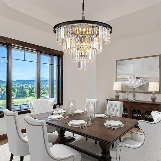 10 Light Black Crystal Chandelier 24'' Modern Round Chandeliers for Dining Room Contemporary Ceiling Pendant Light Fixture 4-Tier Adjustable Height E12 for Living Room Foyer Entryway