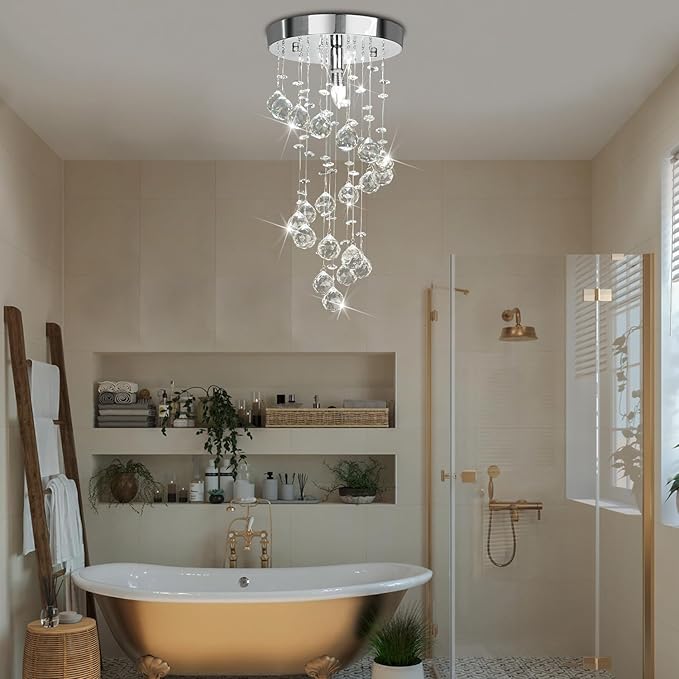 Modern Crystal Chandelier Elegant Spiral Flush Mount Chandelier Modern Raindrop Crystal Ball Chandeliers Fixture Pendant Ceiling Lamp Lighting Fixtures for Bedroom Hallway Living Room D8"x H15.8"