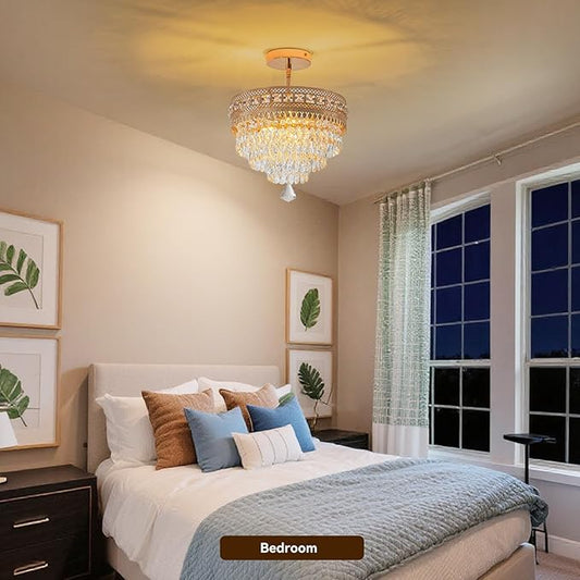 Modern Crystal Chandelier, Farmhouse Ceiling Light, Flush Mount Light Fixture,11.8W x 9H inches, 4-Layer K9 Crystal, Indoor Ceiling Light Pendant for Bedroom, Hallway, Closet (Gilded Antique)