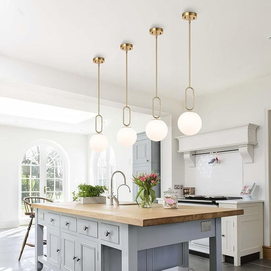 Modern Gold Globe Pendant Light White Globe Glass Shade Brushed Brass Finished Adjustable Rods Hanging Light Fixtures for Kitchen Island Living Room