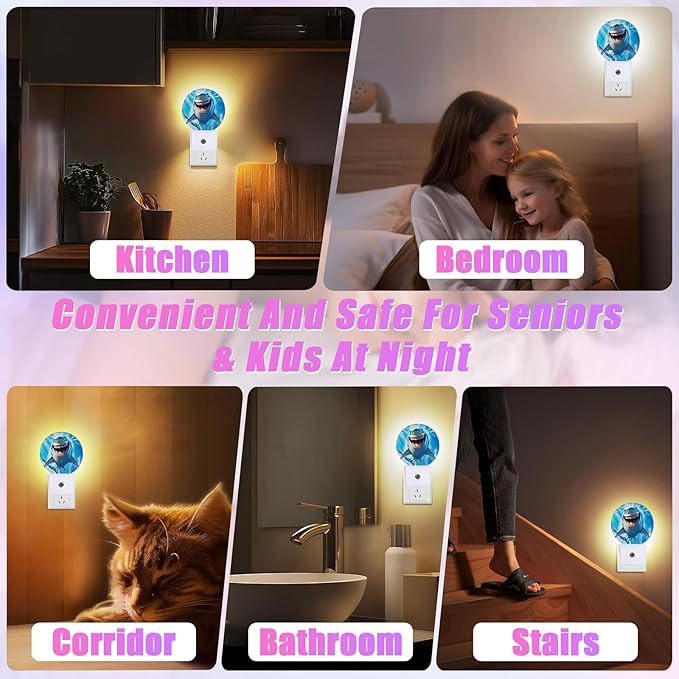 Funny Shark Night Light Sea Animals Night Lights LED Lamp Round Plug into Wall Nightlight with Dusk to Dawn Sensor Home Hallway Stairway Kitchen Decor