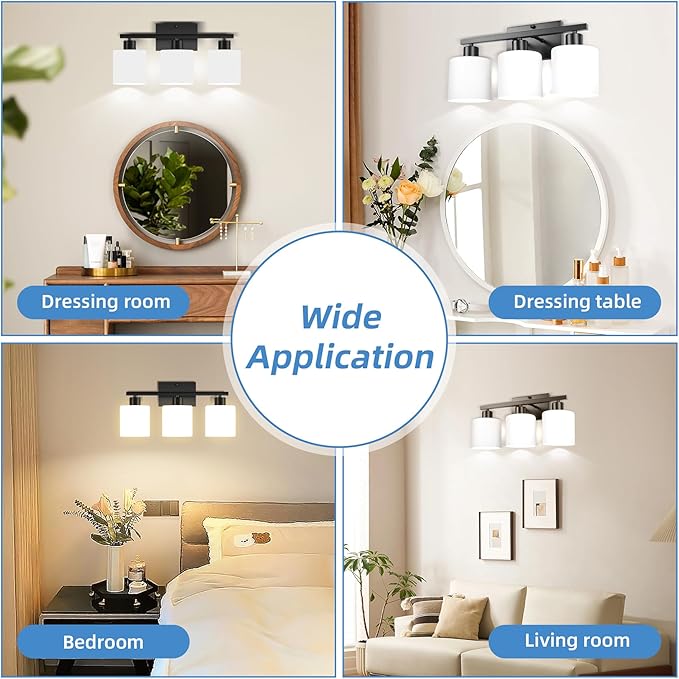 SILAMPDI Black Bathroom Light Fixture Over Mirror, Rustproof 3-Light Vanity Lights Fixtures, Modern Wall Sconces Lighting for Bedroom, Hallway, Milky White Glass Shades, E26 Base, Bulbs Not Included