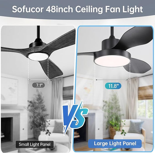 Sofucor 48 Inch Ceiling Fan with Lights Flush Mount Modern Outdoor Ceiling Fans with Remote,3 CCT Dimmable Quiet DC Motor & Timer for Patio/Bedroom/Farmhouse/Indoor (Black, 48 Inch/Smart Control)