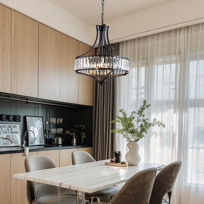 Crystal Chandeliers for Dining Room, Round Rustic Farmhouse Chandelier, Metal Shade, 4-Light Modern Chandelier for Hallway, Bedroom, Foyer Black