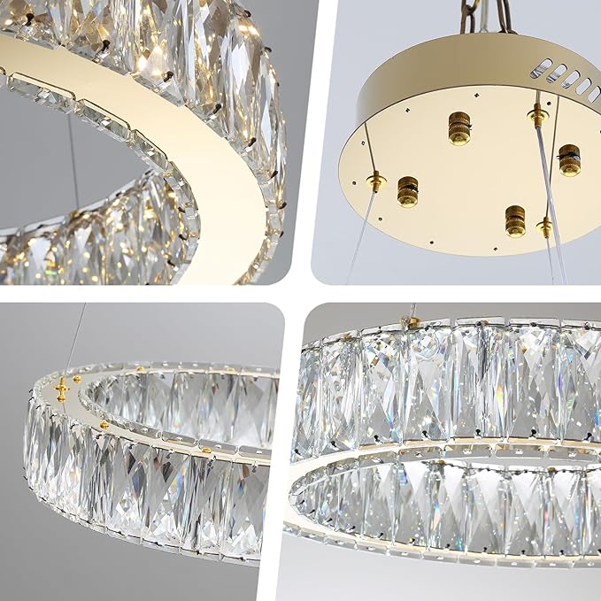 Modern LED Ring Pendant Light Dimmable Crystal Chandelier 15.7" Gold Crystal Chandelier for Dining Room Living Room