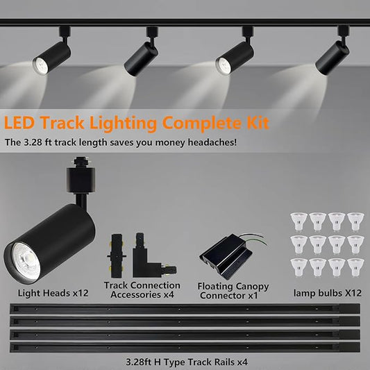 Plug in 3CCT Black Track Lighting Complete Kit with 4 * 3.28FT H Track Light Rails and 120V 12x10W GU10 Track Light Heads Brightness Dimmable Ceiling Spotlight Fixture for Accent Lighting
