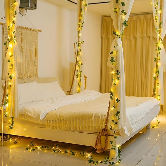 JMEXSUSS 100 LED Vines with Lights Plug in, Ivy Vines with Fairy Lights with Remote, 33 FT Leaf String Lights Waterproof for Room Bedroom Wall Fireplace Wedding Decoration(Warm White)