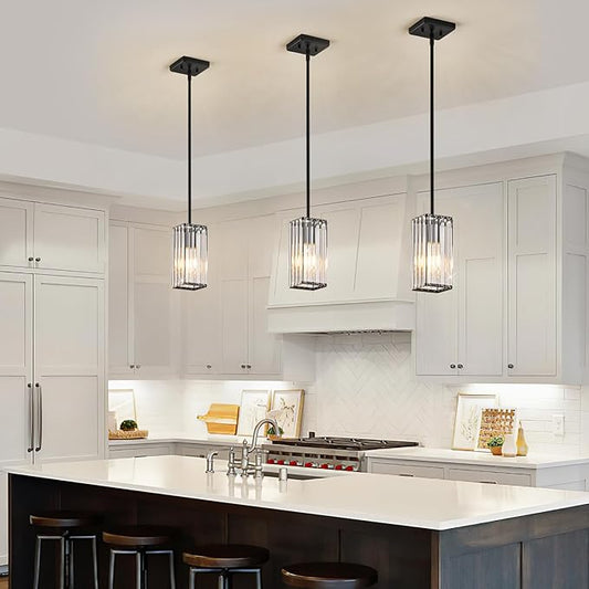Modern Crystal Pendant Lights Kitchen Island, 2-Pack Black Hanging Light with Clear Crystal Shade, Adjustable Height Pendant Lighting for Kitchen Island Dining Room Bedroom Bar Entryway