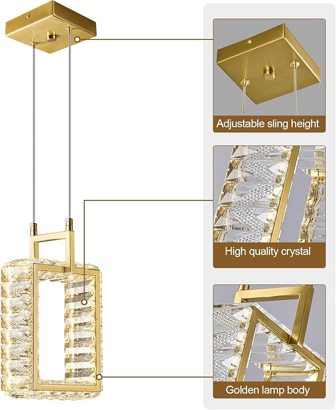 Kitchen Island Mini Light Fixture Modern Led Crystal Pendant Light Gold Rectangle Chandelier for Dining Room Living Room Kitchen Bedroom Bar(1-Pack)