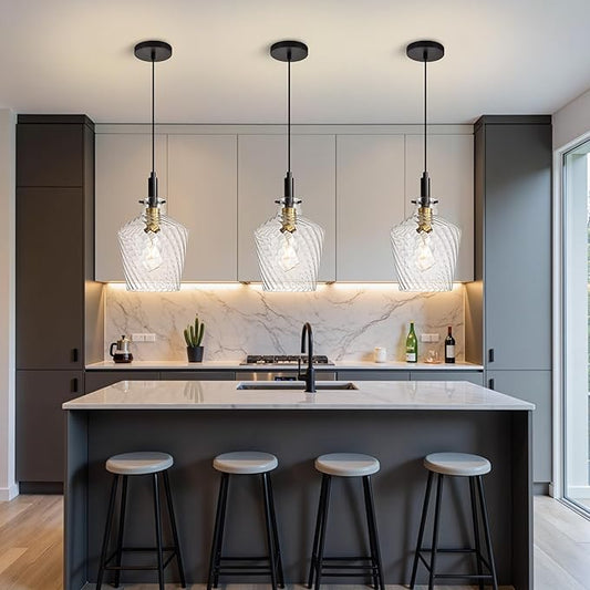 Modern Stripes Clear Glass Pendant Lighting for Kitchen Island 1 Pack, Farmhouse Black and Gold Pendant Light Fixtures, Height Adjustable Ceiling Pendant Light, 8 Inch