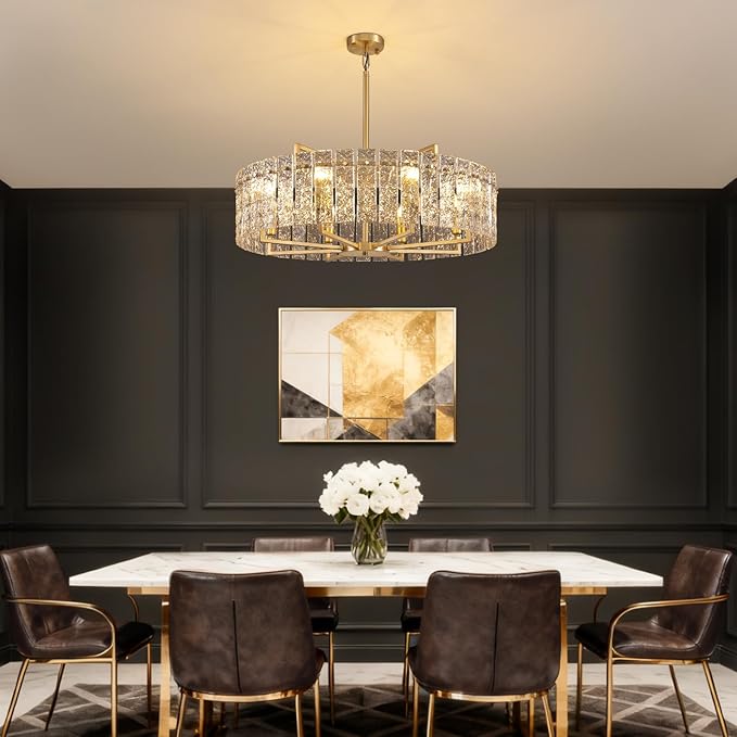 31.5" Modern Water Ripple Glass Chandeliers, Luxury 8-Light Round Drum Chandelier, Large Gold Pendant Lighting Fixtures for Living Room Dining Room Bedroom Hotel