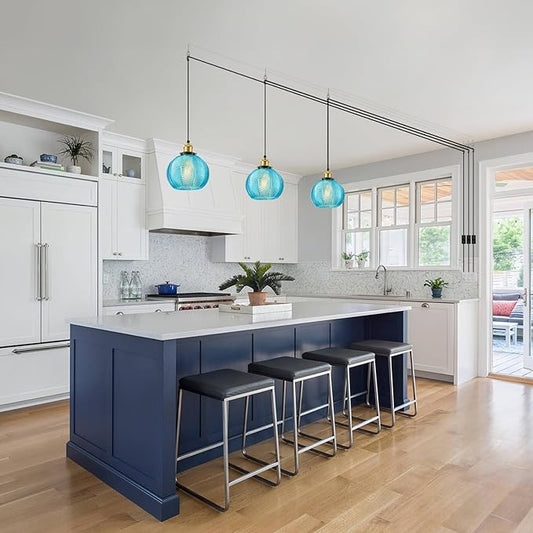 Modern Plug in Hanging Light, 7.8 Inch Glass Pendant Light with 14.76 FT Adjustable Plug in Cord, Vintage Blue Hanging Lamp for Dining Room Bedroom Kitchen Island Bathroom E26