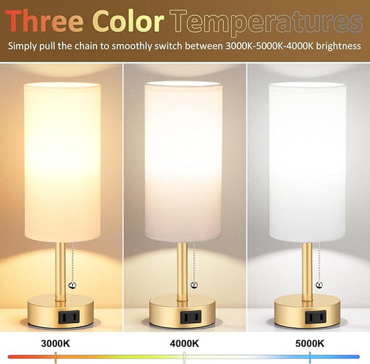 Fenmzee Gold Bedside Table Lamps Set of 2-3 Color Temperatures Pull Chain Lamp with AC Outlet Charging Port, Two Round Night Stand Lamps for Bedroom Office Living Room