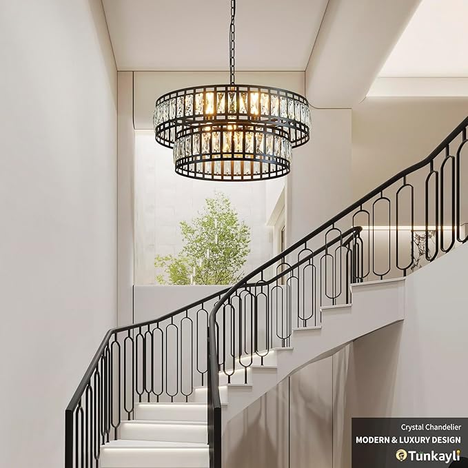 24" Modern Crystal Chandelier 8-Light Drum Large Glass Chandelier 2-Tier Round Black Design Luxury Elegant Lighting Fixture for Dining Room, Foyer, Living Room, Bedroom, Kitchen
