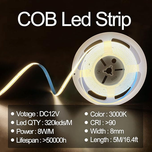 HAMRVL COB LED Strip Lights Warm White 3000K,DC12V 16.4ft/5M 320leds/M CRI90 Bright Flexible LED Tape 8mm, for Indoor Home Cabinet,Bedroom,Kitchen,Stage,Backlight DIY Lighting(Without Power Supply)