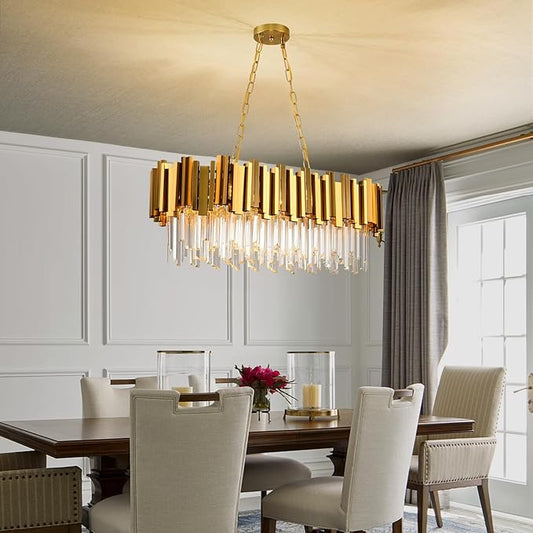 Crystal Chandeliers for Dining Room,Gold Chandeliers Modern Crystal Chandelier Pendant Light Fixture 8 Lights Contemporary Large Hanging Ceiling Light Fixtures for Living Room Kitchen Island L32"