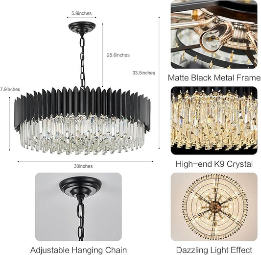 Black Crystal Chandelier 30'' K9 Crystal Round Pendant Lights Adjustable 6-Tier Large Modern Crystal Chandelier Light 12-Lights for Dining Room Living Room Kitchen Foyer Entryway