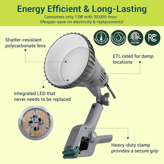 GT-Lite LED Plant Grow Light Bulbs Full Spectrum with 17.29 PPF, Grow Light with 6Feet Cord and Clamp for Indoor Plants