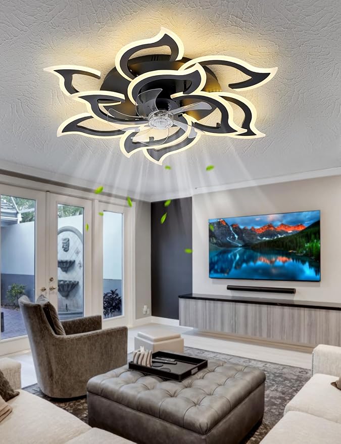 Ceiling Fans with Lights and Remote, 32Inch Modern Low Profile Ceiling Fan with App Control, Dimmable LED Flush Mount Ceiling Fan Lights, Ceiling Fans for Livingroom,Diningroom, Kitchen, Indoor-Black
