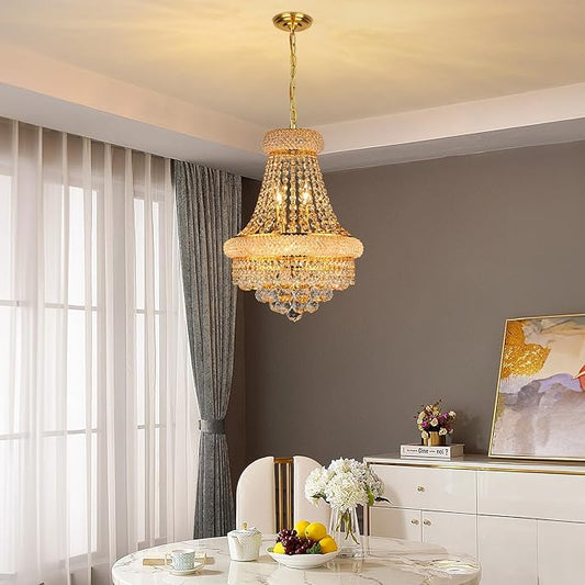Crystal Chandeliers for Dining Room Light Fixtures Over Table, Empire Style K9 Crystal Chandelier for Living Room, 6 Lights Gold Luxury Lighting Fixtures for Bedroom Kitchen Island Entryway D15 Inch
