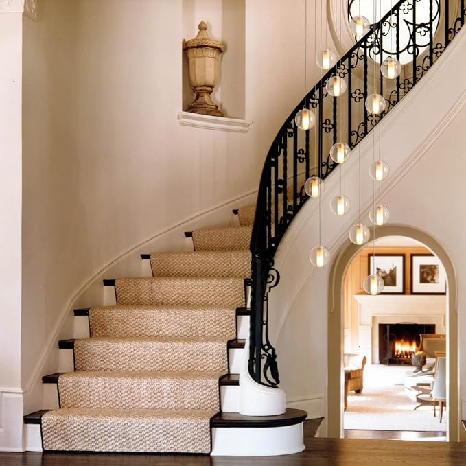 14 Lights Staircase Chandelier for High Ceiling, Dimmable Modern Crystal Raindrop Large Long Hanging Pendant Light for Stairwell Living Room Stair Foyer, Bulbs Included (Nickel Canopy)