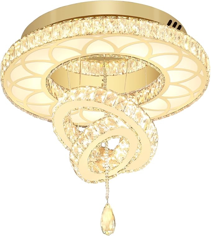 Flashing God 20" Modern Crystal Chandeliers for Living Room Gold Ceiling Chandelier LED Crystal Ceiling Light Flush Mount Chandelier for Bedroom Dining Room Entryway
