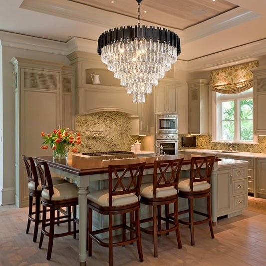 Large Crystal Chandeliers, Modern 32" Black Pendant Light, 6-Tier Round Crystal Ceiling Chandelier for High Ceiling, Foyer, Living Room, Staircase, Dining Room