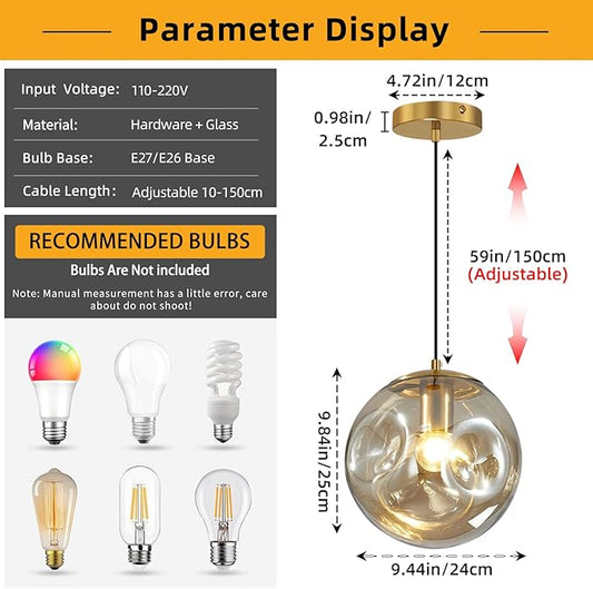 Modern Amber Concave Glass Pendant Light, Kitchen Island Lighting Single Globe Pendant Light Fixtures Century Kitchen Island Pendant Lighting for Bedroom Living Dining Room Light (Without Bulb)