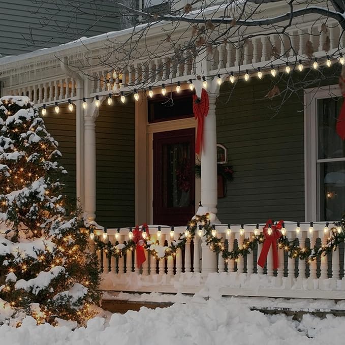 C7 LED Christmas Lights 25Ft Frosted White Outdoor String Lights with 27 Warm White LED Bulbs (2 Spare), Vintage Christmas String Lights for Garden Wedding Party Xmas Decoration
