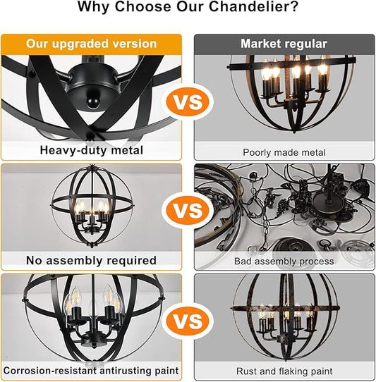 DLLT Pendant Light Metal, 5-Light Globe Pendant Lighting, Adjustable Hanging Ceiling Chandelier Light Flush Mount for Kitchen, Dining Room, Living Room, Hallway, Bedroom, Entryway, E12-Matte Black