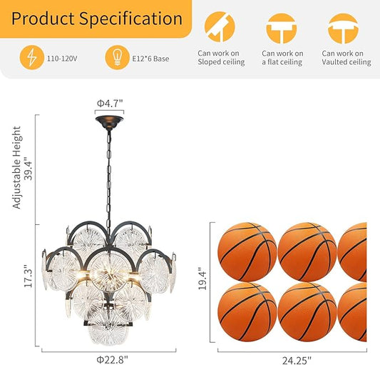 WUZUPS 6-Light Round Crystal Chandelier Pendant Ceiling Light Modern Lighting Fixture for Bedroom Hallway Bar Kitchen Bathroom, H 17.3" W 22.8", E12 Base, Black