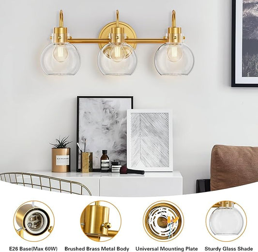 3-Light Vanity Light, Brushed Brass Bathroom Light Fixtures, Farmhouse Wall Sconces with Globe Clear Glass Shade, Porch Wall Mount Lamp for Mirror, Kitchen, Porch, Living Room, Workshop (E26 Base)