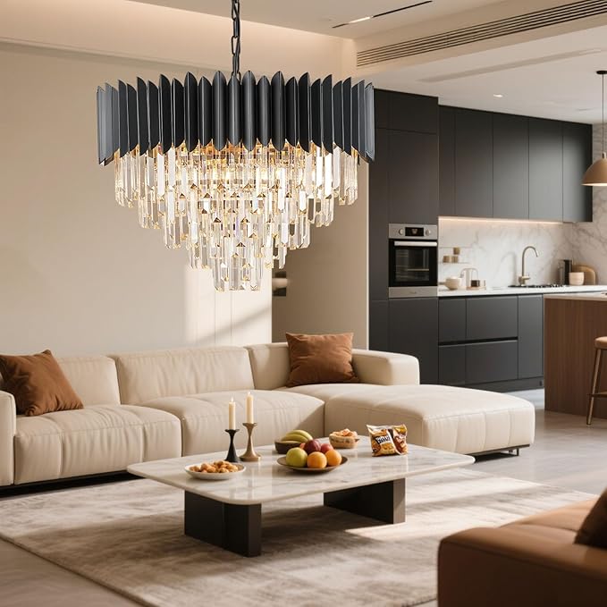 24" Modern Black Crystal Chandeliers 5-Tier 10 Lights Ceiling Light Fixture K9 Crystal Hanging Pendant Ceiling Light for Dining Room Living Room Bedroom Entryway