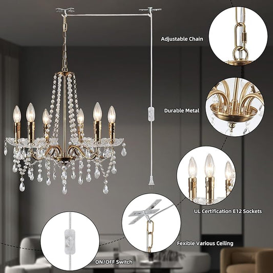 Crystal Plug in Chandelier Lighting with Long Cord, 6 Lights Gold French Country Plug in Pendant Light Modern Hanging Chandeliers for Dining Room Kitchen Bedroom Living Room