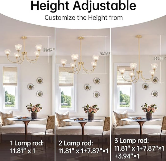 Shenmoyl 30.31" Brass Gold Chandelier, 5-Light Chandelier Light with Clear Tulip Glass Lampshade, Height Adjustable Vintage Chandeliers for Dining Room Living Room Kitchen Island