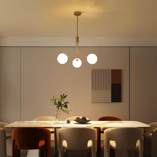 CNRATYE 3-Light Brushed Nickel Chandelier Milk Globe Glass Pendant Lights Kitchen Island, Modern Sputnik Globe Chandeliers for Dining Room Entryway Hallway Foyer Bedroom Office Bathroom