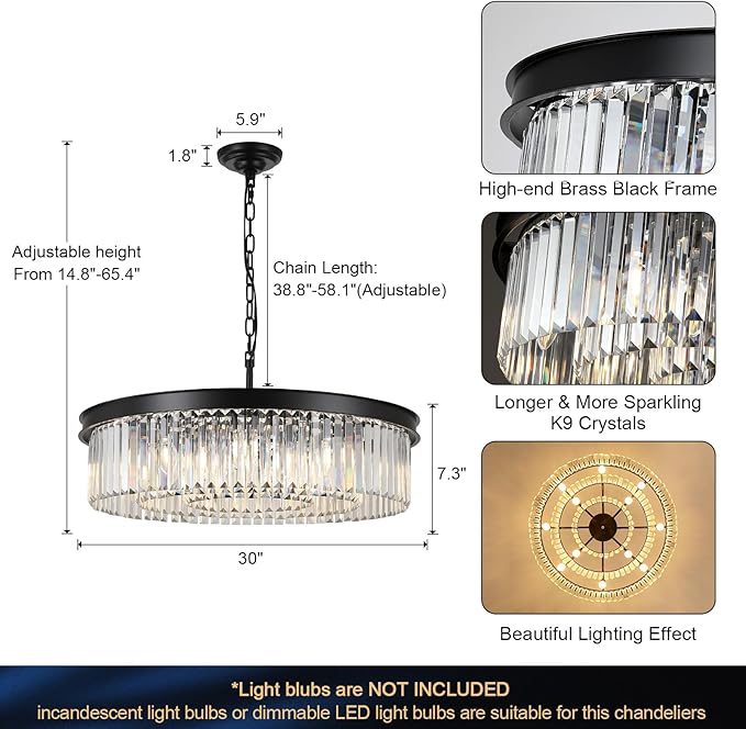 A AXILIXI 30'' Modern Crystals Chandelier 12-Light Large Black Crystal Chandeliers for Entryway 3-Tier K9 Crystal Ceiling Pendant Light Fixture for Living Room Dining Room Foyer Kitchen Bedroom