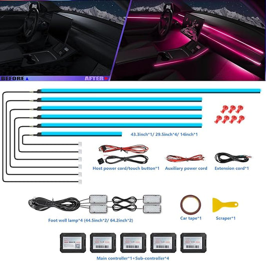 Acrylic Interior Car LED Strip Light with APP, RGB 10 in 1 with 175 inches 600 LEDs Fiber Optic Ambient Lighting Kits, 16 Million Colors Sound Active Function Car Neon LED Strip for Car