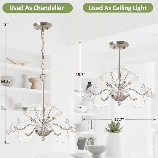 Luvkczc Modern Brushed Nickel Chandelier,Vintage Flower Glass Pendant Light Fixture,Mid Century Ceiling Light Fixture for Dining Room, Kitchen, Living Room, Bedroom Hallway Porch,3 Lights