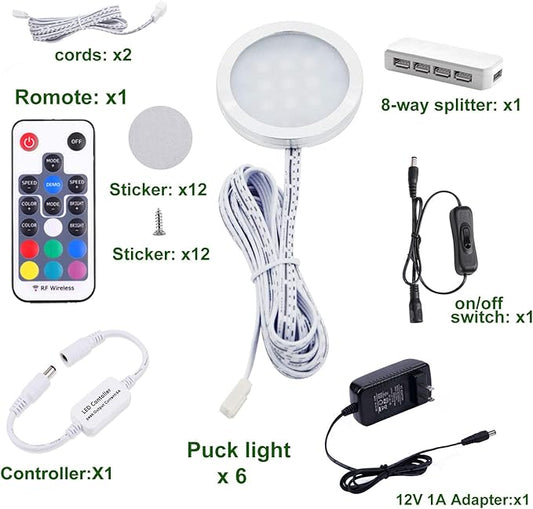AIBOO RGB Color Changing LED Under Cabinet Lights Kit Aluminum Slim Puck Lamps for Kitchen Counter Wardrobe Counter Furniture Ambiance Christmas Decor Lighting (6 Lights)