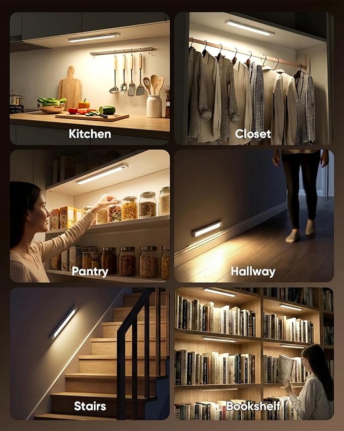 12inch Under Cabinet Lighting Wireless, 152LED Motion Sensor Light Indoor, USB Rechargeable Closet Lights, 3 Color Temps & Dimmable, Stick On Under Counter Lights for Kitchen, Pantry, Stairs, 3 Pack