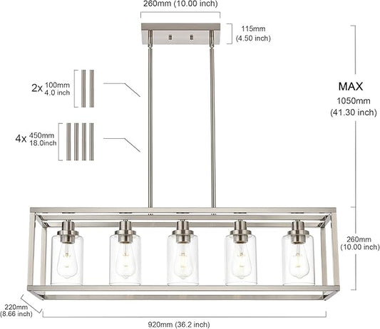 MELUCEE 5-Light Dining Room Lighting Fixture Hanging Brushed Nickel Modern Pendant Lighting Contemporary Chandeliers with Clear Glass Shade for Kitchen Island Living Room Bedroom