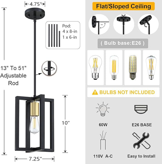 1 Light Hanging Rustic Farmhouse 7.3" Metal Lantern Cage Pendant Ceiling Light Fixture,Cafe Bar Over Sink Dining Room Bedroom Kitchen Island 3 Pack Black Gold